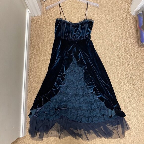 Vintage Gothic Victorian Inspired Velvet Ruffle Midi Dress Navy – XS - Picture 8 of 12